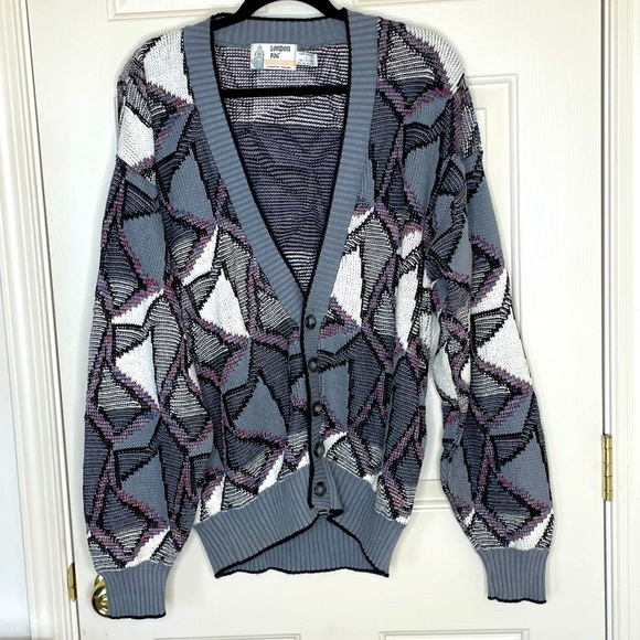 London Fog Other - Vintage London Fog Men’s Cardigan Sweater Geometric 80s 90s Button Up | L